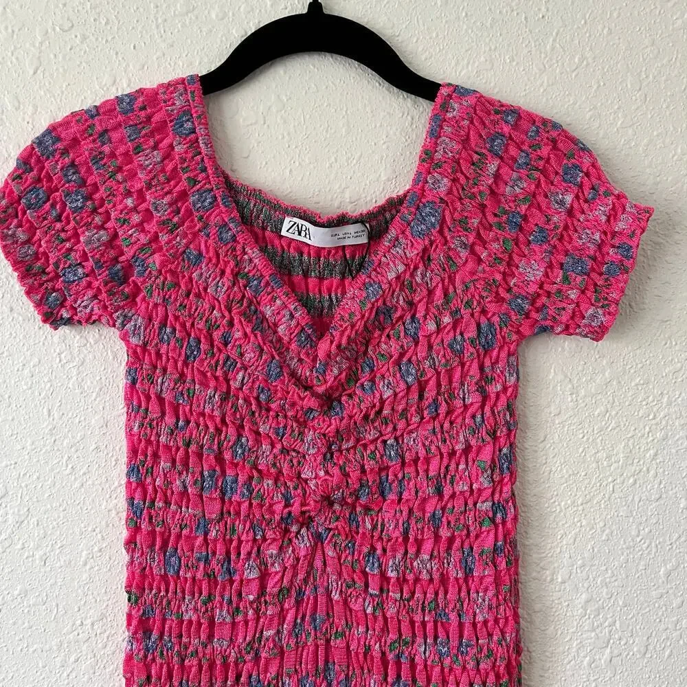 ZARA Knit Pink Floral Ruched Body Con Mini Dress Size Large - Picture 4 of 7